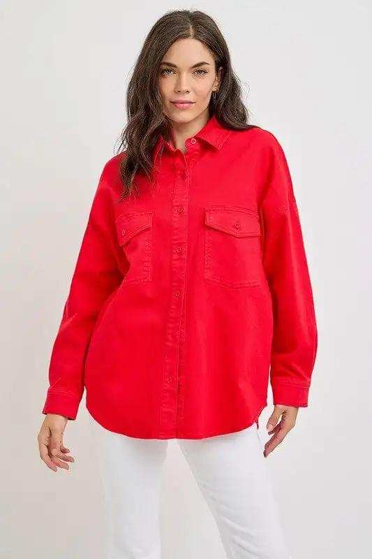 RISEN Button Down Long Sleeve Denim Shacket with Chest Pockets - Trendsi - Flyclothing LLC