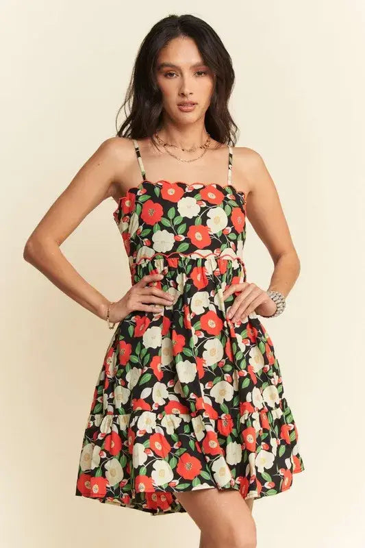 Davi & Dani Floral Scalloped Cutout Back Mini Dress - Trendsi - Flyclothing LLC