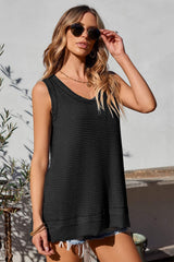 Waffle-Knit Wide Strap Tank - Trendsi - Flyclothing LLC