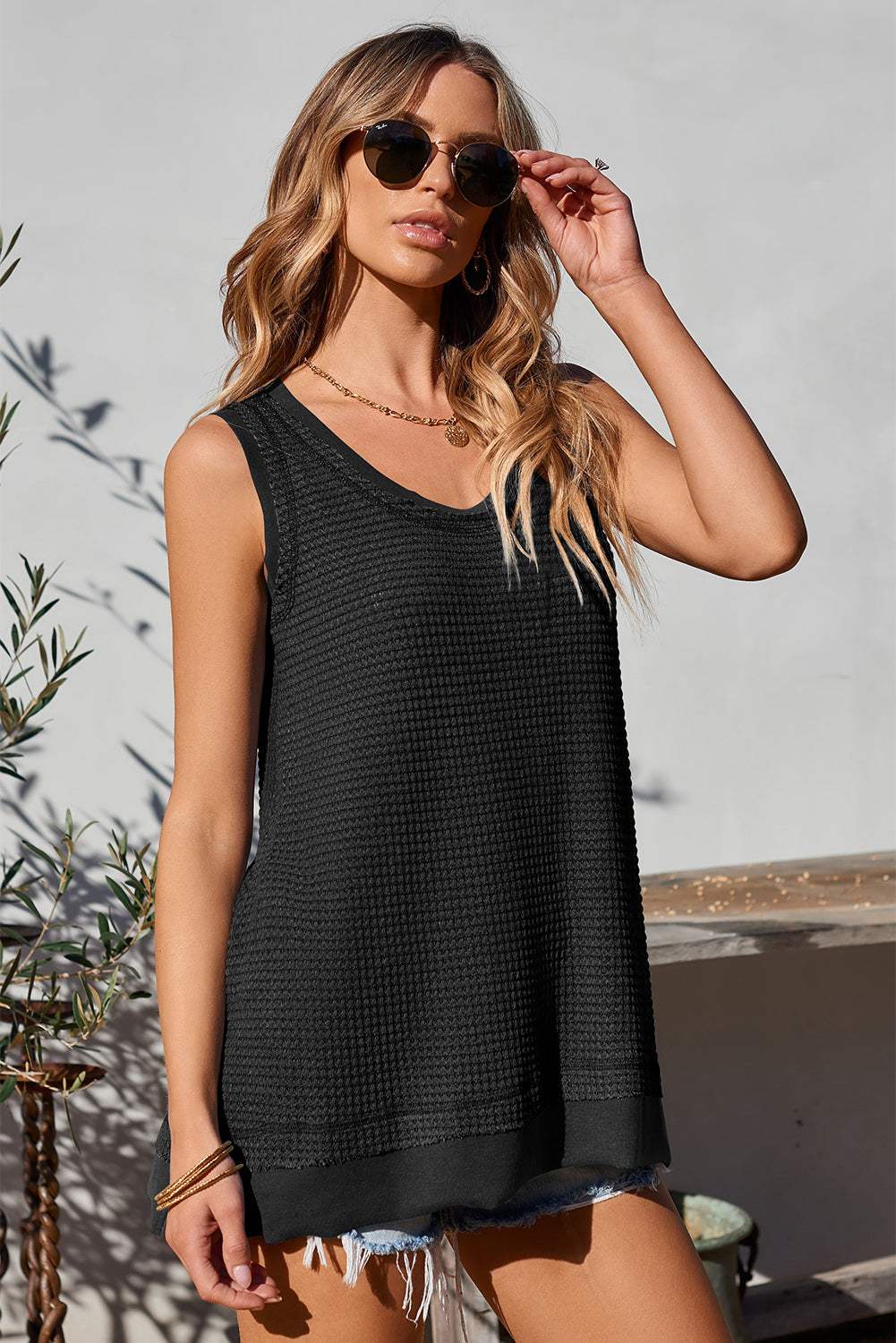 Waffle-Knit Wide Strap Tank - Trendsi - Flyclothing LLC