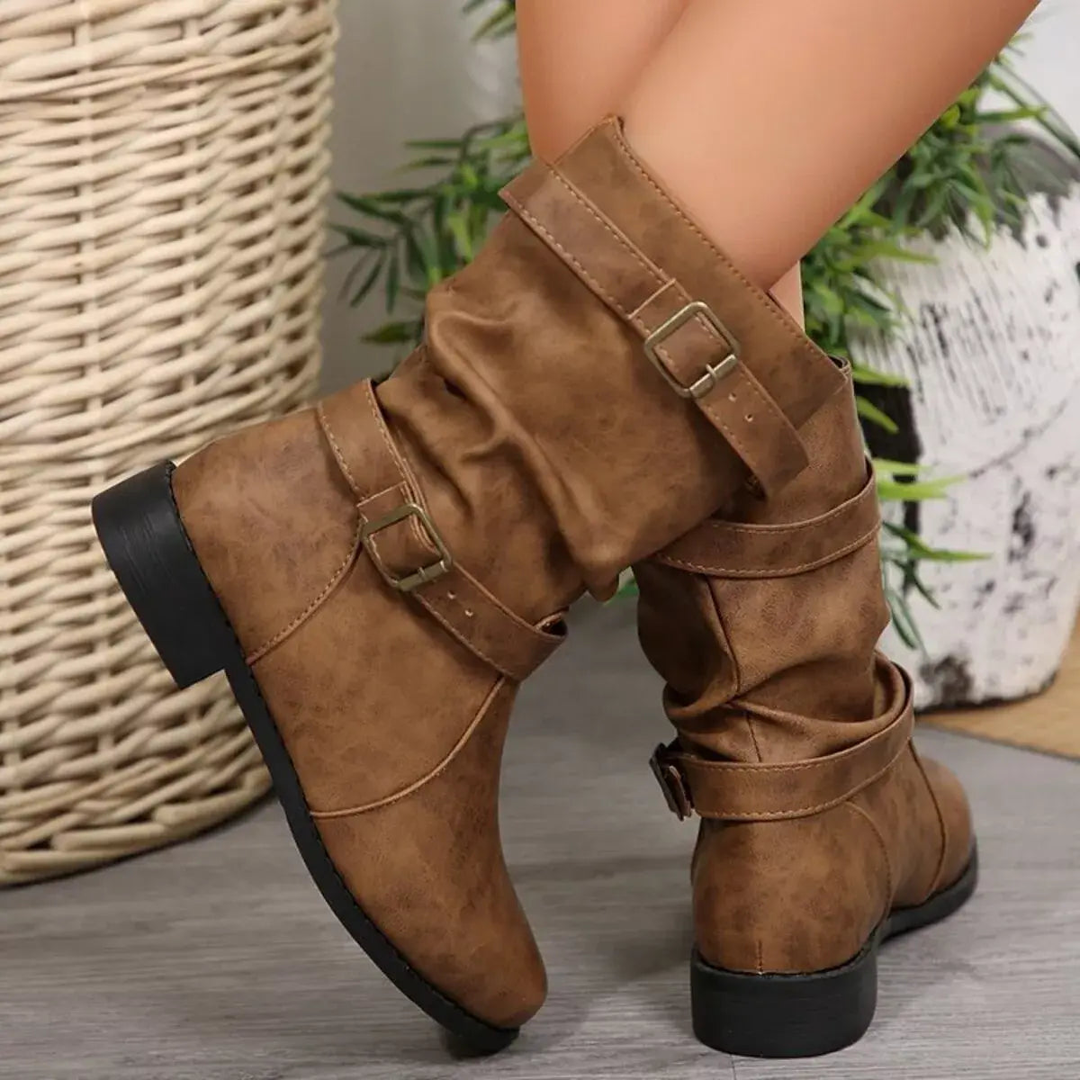 Buckled Low Heel Boots - Trendsi - Flyclothing LLC