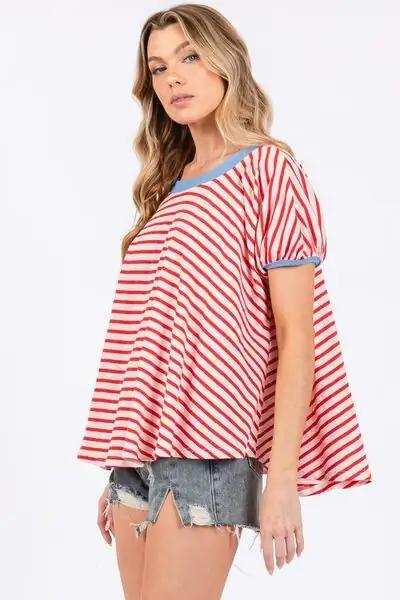 Ces Femme Striped Round Neck Short Sleeve T-Shirt - Trendsi - Flyclothing LLC