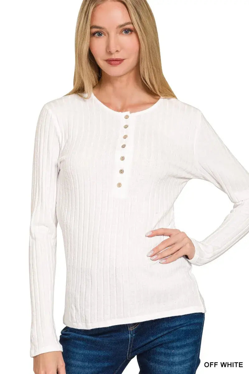 Zenana Ribbed Long Sleeve Half Button Top - Trendsi - Flyclothing LLC
