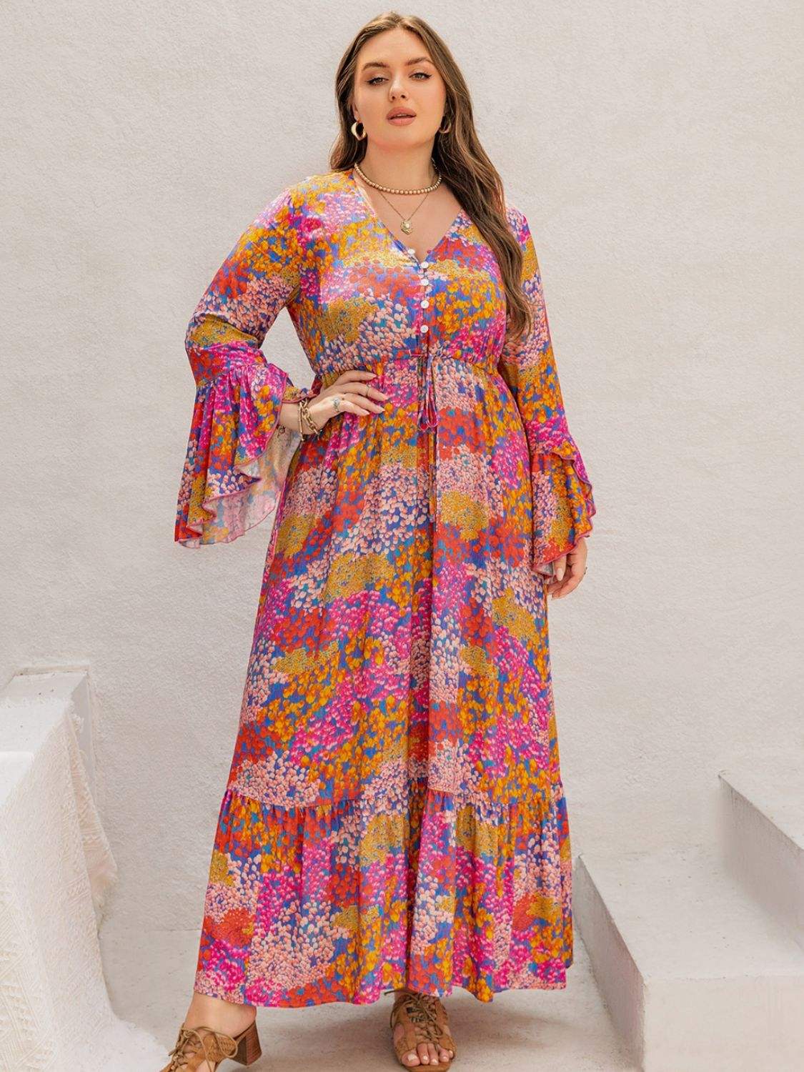 Plus Size Printed V-Neck Long Sleeve Maxi Dress - Trendsi - Flyclothing LLC