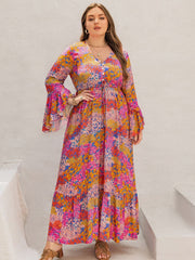 Plus Size Printed V-Neck Long Sleeve Maxi Dress - Trendsi