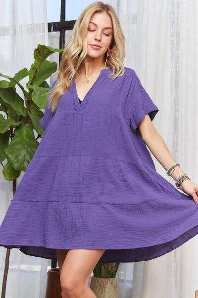 ADORA Tiered Notched Short Sleeve Dress - Trendsi - Flyclothing LLC
