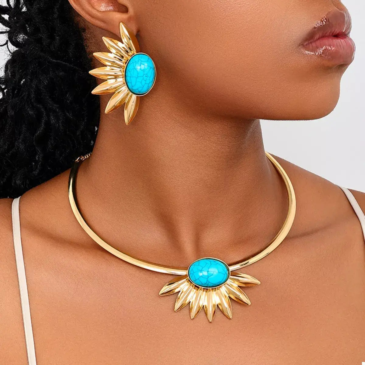 Turquoise Sunflower Necklace and Earrings Jewelry Set - Trendsi - Flyclothing LLC