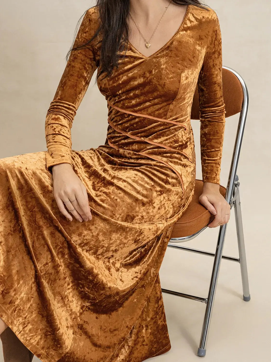 V-Neck Long Sleeve Midi Dress - Trendsi - Flyclothing LLC