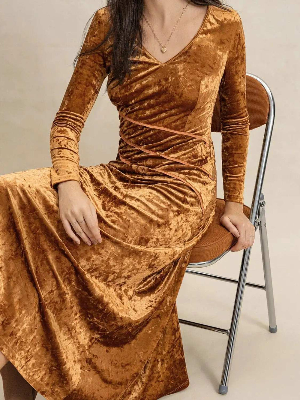 V-Neck Long Sleeve Midi Dress - Trendsi - Flyclothing LLC