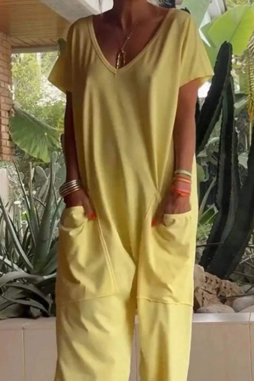 Full Size Casual V-Neck Short Sleeve Jumpsuit with Pockets Plus Size - Trendsi - Flyclothing LLC