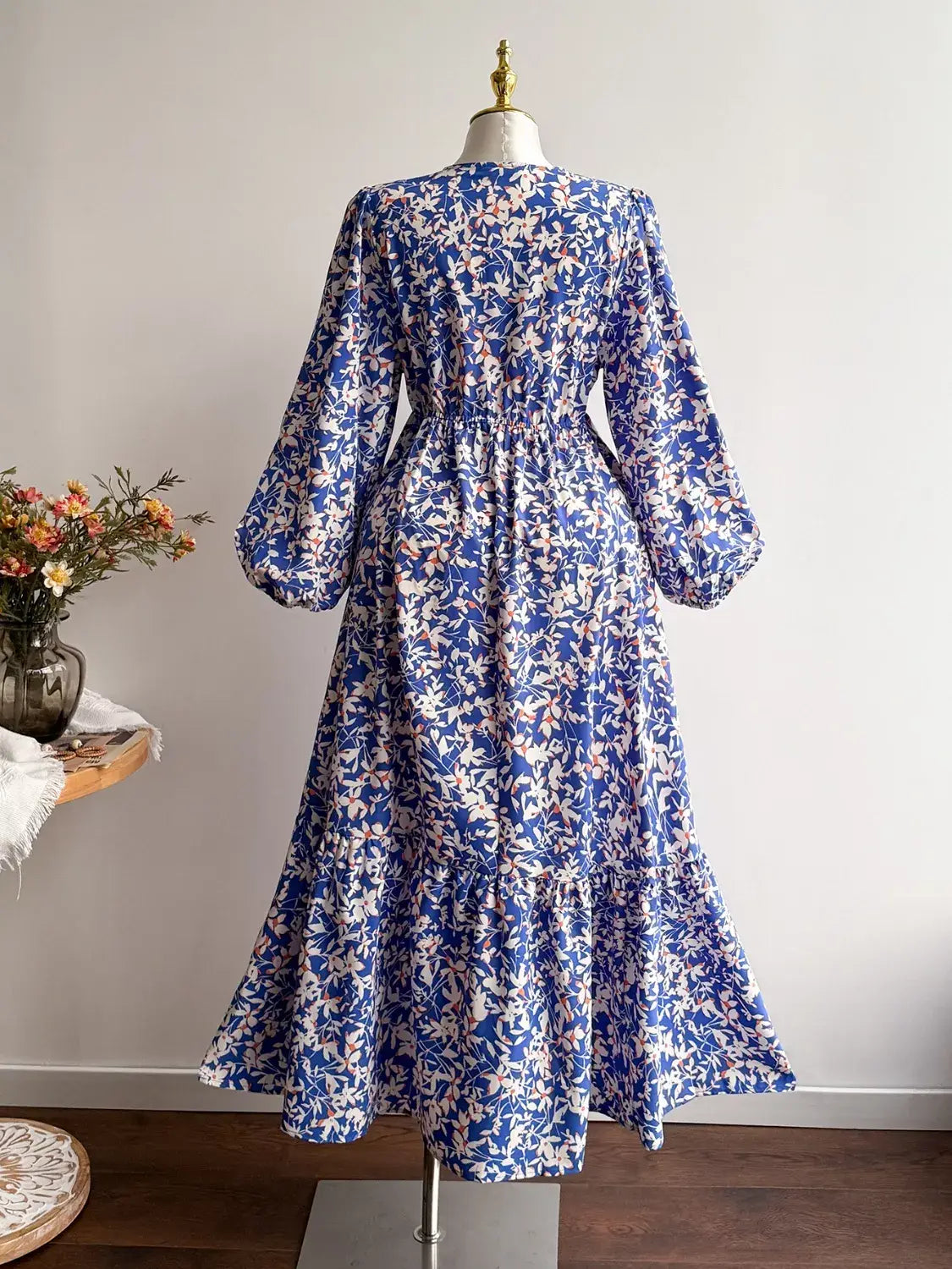 Plus Size Floral Print V-Neck Long Sleeve Maxi Dress - Trendsi - Flyclothing LLC