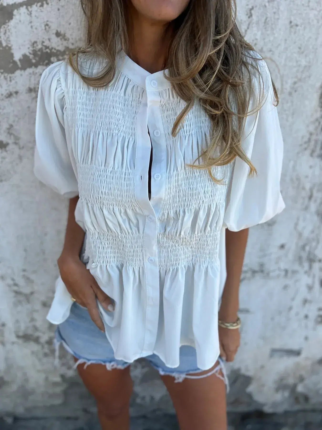 Full Size Smocked Puff Sleeve Blouse Plus Size - Trendsi - Flyclothing LLC