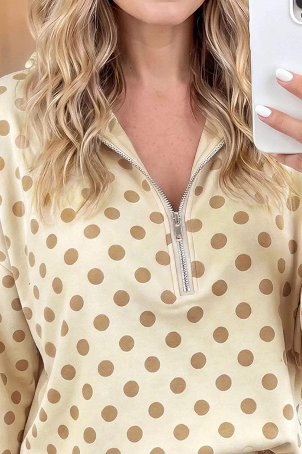 Polka Dot Quarter Zip Sweatshirt and Shorts Set - Trendsi - Flyclothing LLC