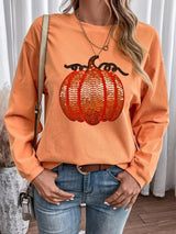 Halloween Sequined Pumpkin Ribbed Round Neck Sweatshirt - Trendsi - Flyclothing LLC