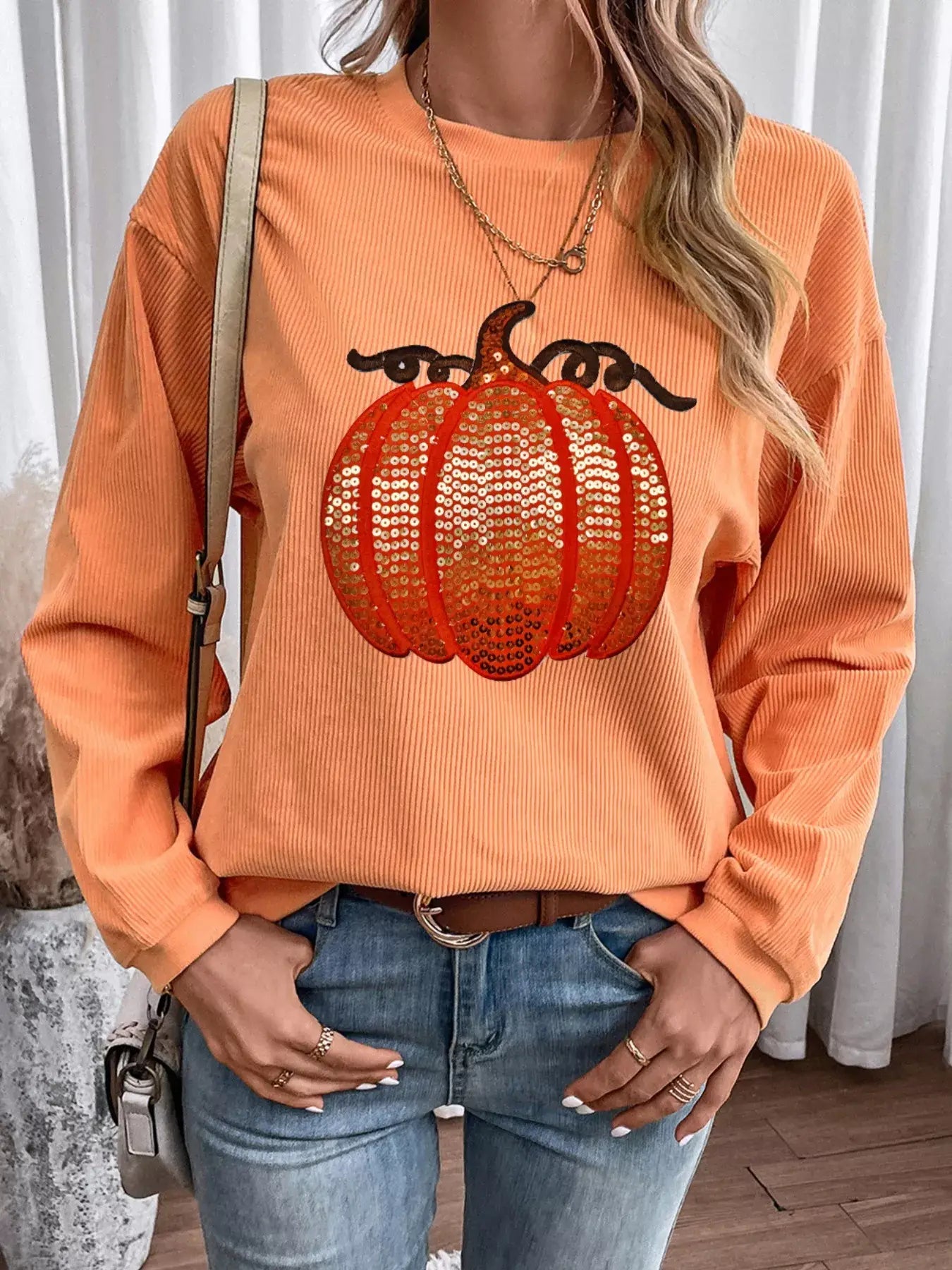 Halloween Sequined Pumpkin Ribbed Round Neck Sweatshirt - Trendsi - Flyclothing LLC