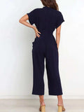Notched Short Sleeve Tie Waist Jumpsuit - Trendsi - Flyclothing LLC