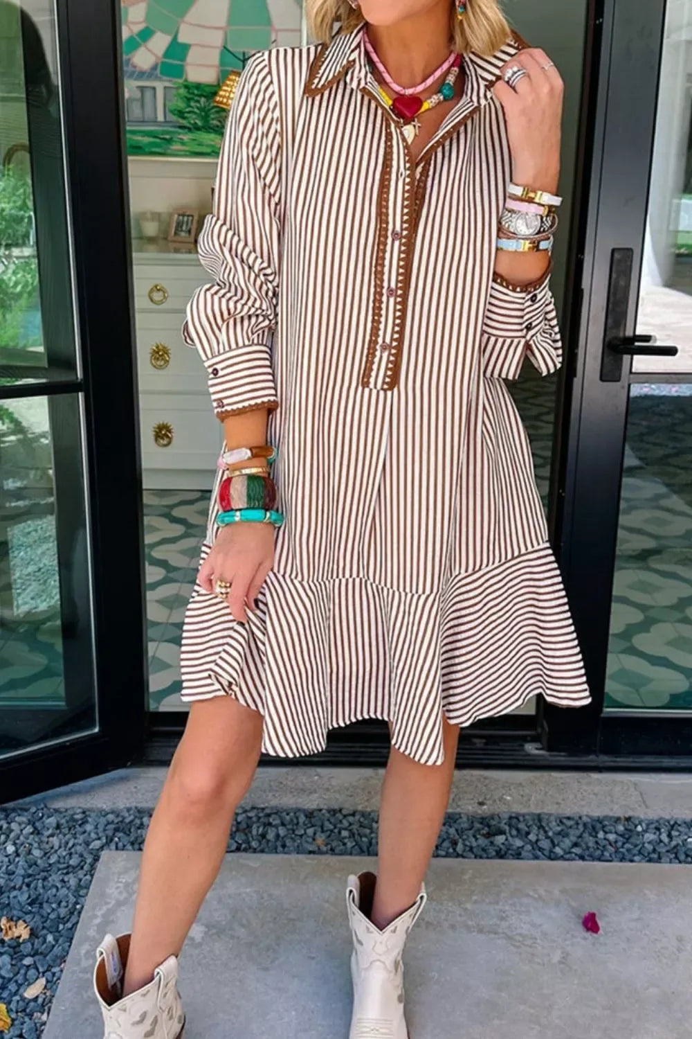Striped Ruffle Hem Shirt Dress - Trendsi - Flyclothing LLC