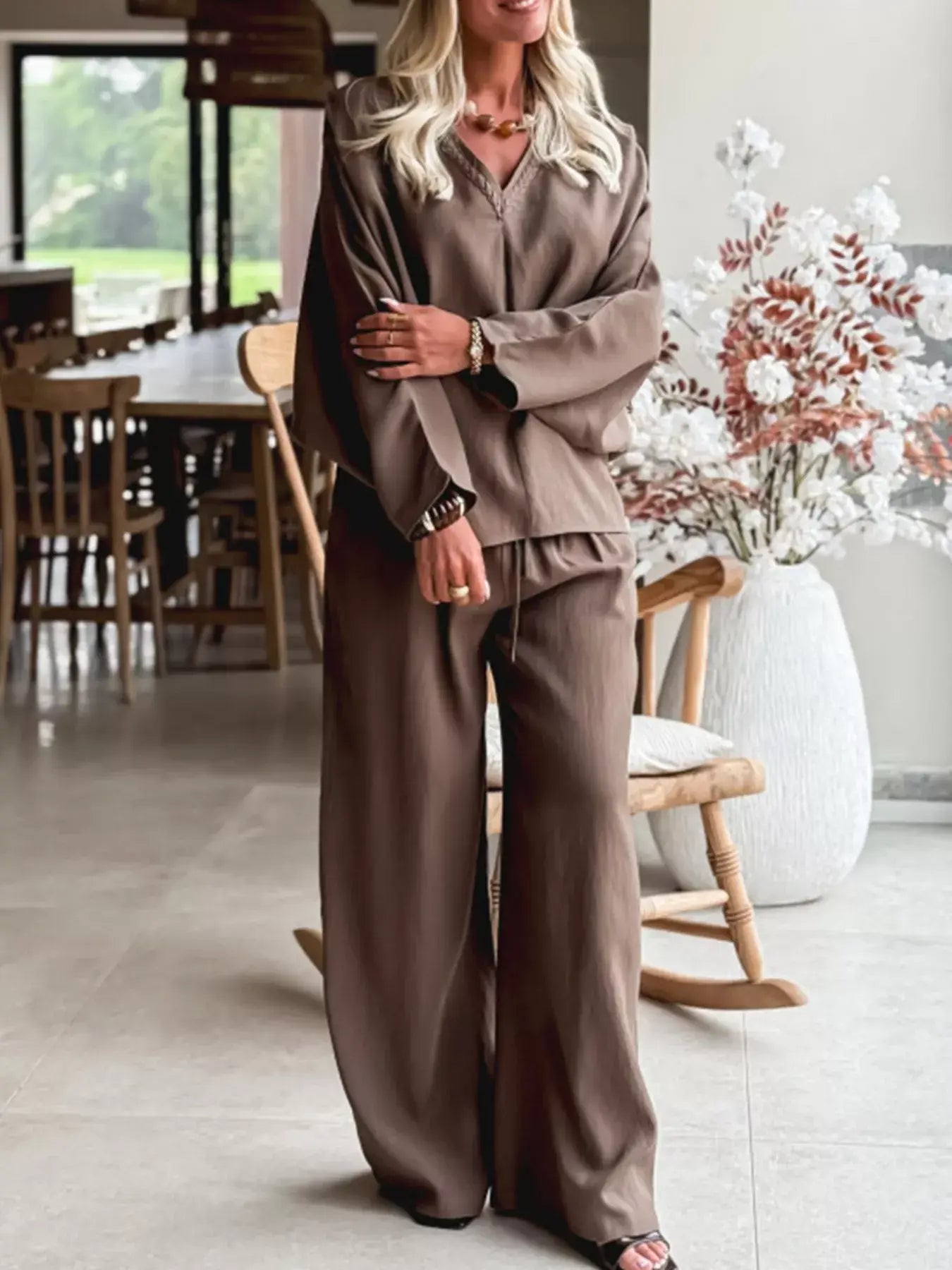 Braided V Neck Long Sleeve Loose Top and Drawstring High Waist Pants 2pcs Outfit - Trendsi - Flyclothing LLC