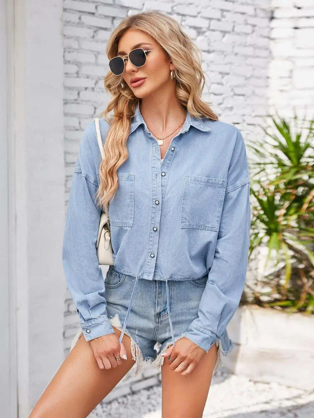 Button Up Long Sleeve Denim Jacket with Breast Pockets - Trendsi - Flyclothing LLC