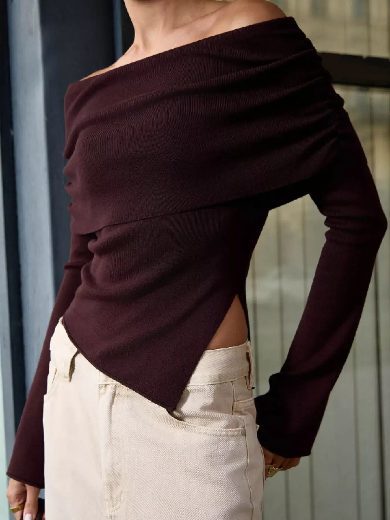 Asymmetrical Hem Off-Shoulder Long Sleeve Knit Top - Trendsi - Flyclothing LLC