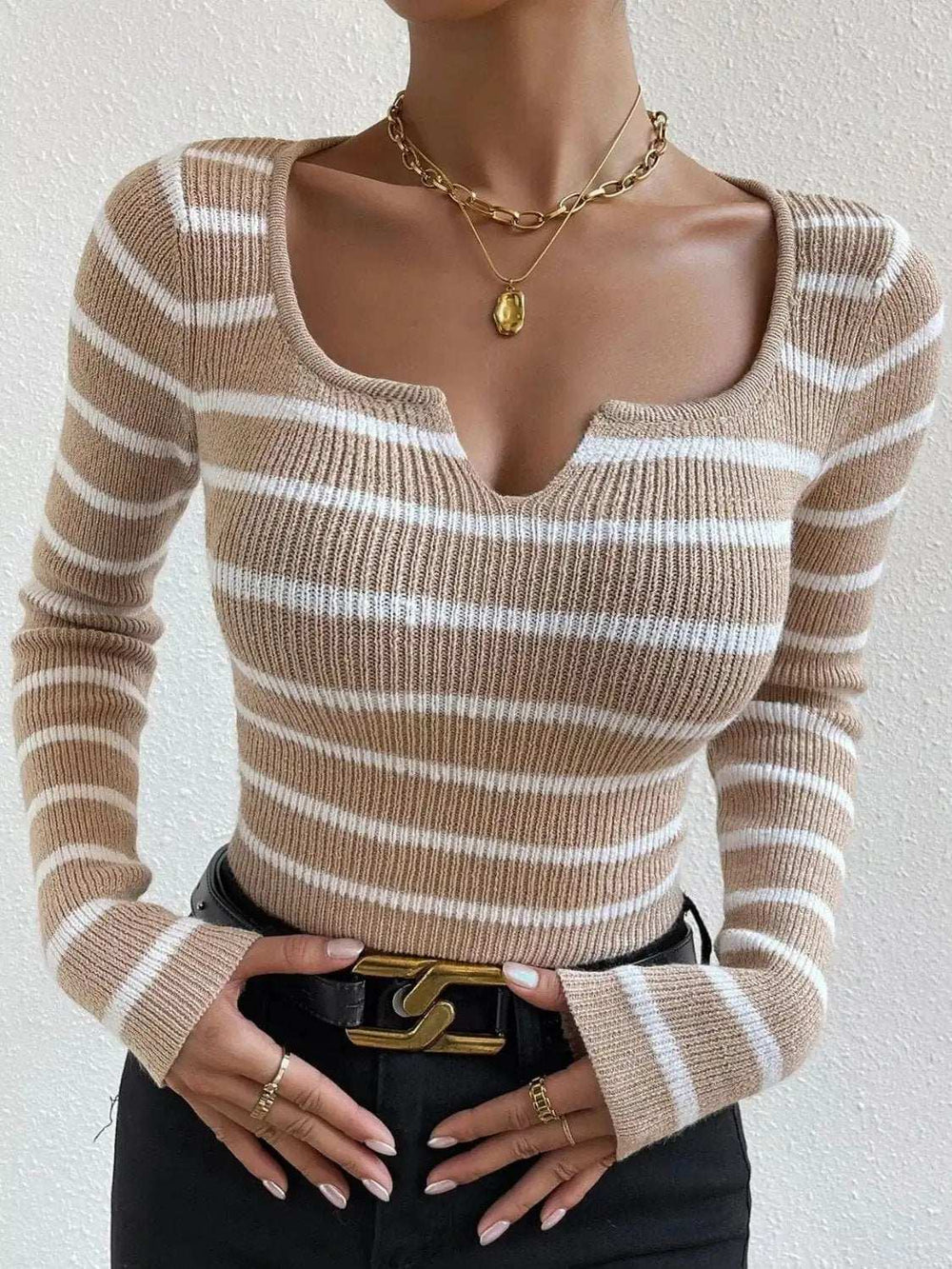 Striped Notched Long Sleeve Sweater - Trendsi - Flyclothing LLC