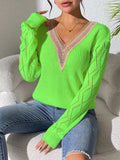 Openwork V-Neck Long Sleeve Sweater - Trendsi - Flyclothing LLC