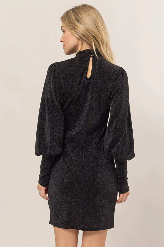 HYFVE Glitter Mock Neck Long Sleeve Mini Dress - Trendsi - Flyclothing LLC