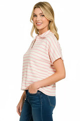 Zenana Striped Split Neck Collared Top - Trendsi - Flyclothing LLC