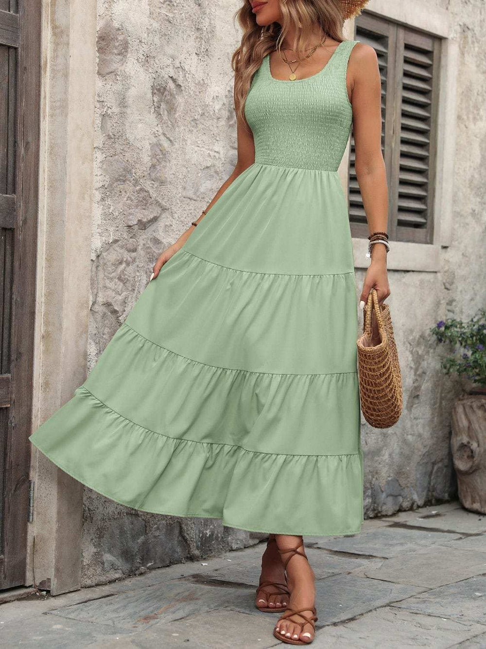 Smocked Scoop Neck Sleeveless Tank Dress - Trendsi - Flyclothing LLC