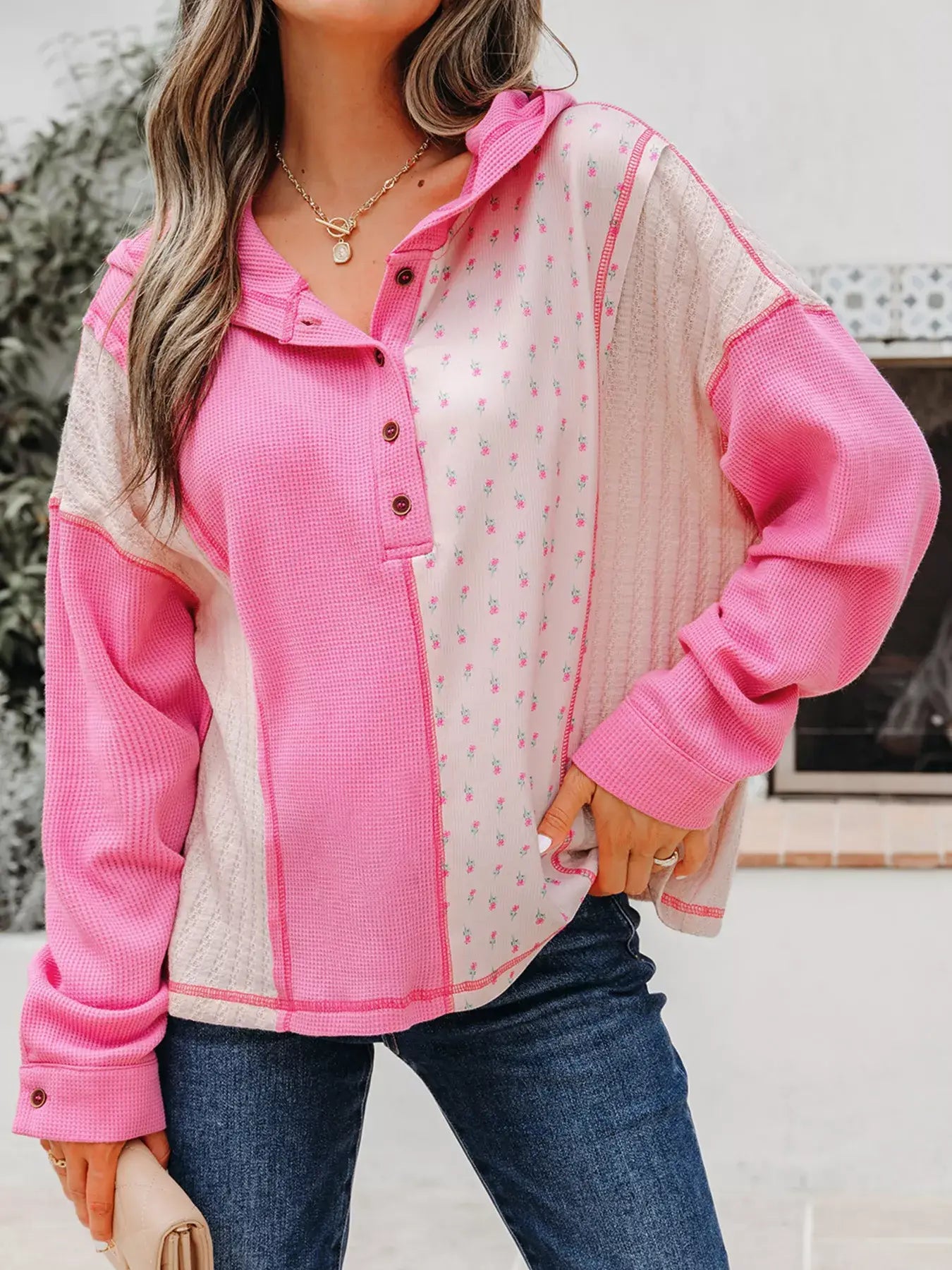 Mixed Texture Waffle Floral Patchwork Hooded Oversize Pullover - Trendsi - Flyclothing LLC