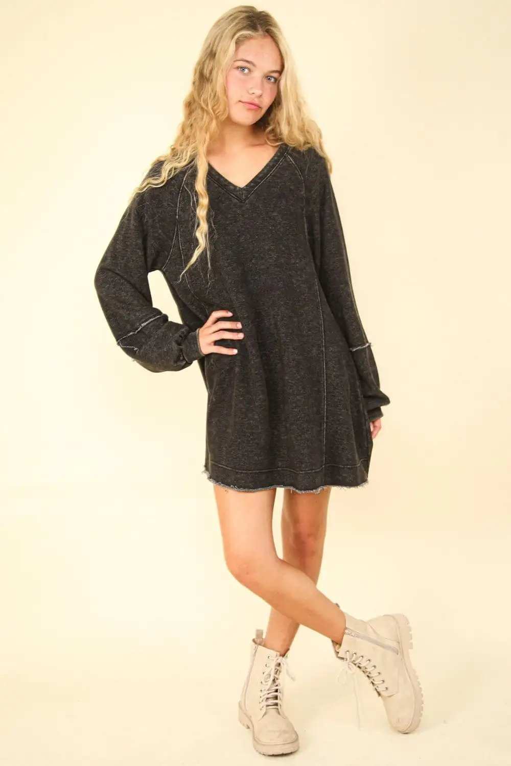 VERY J Mineral Washed Oversized A-Line Mini Dress - Trendsi - Flyclothing LLC