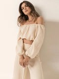 Off Shoulder Long Sleeve Top and Pants Set - Trendsi