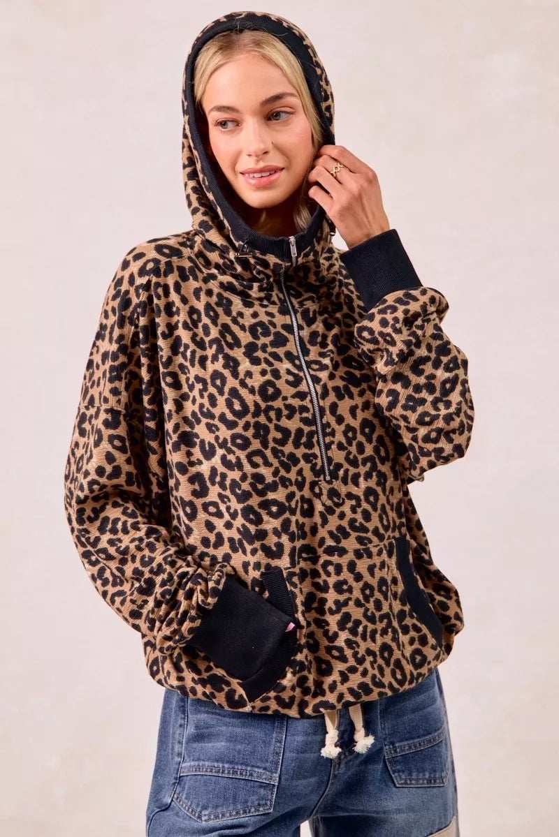 BiBi Leopard Print Waffle Half Zip Up Hoodie W Pocket - Trendsi - Flyclothing LLC