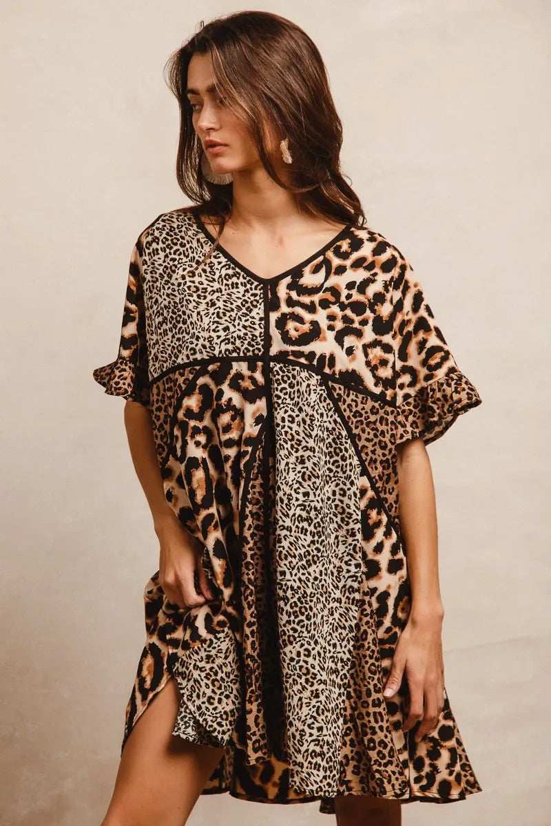 BiBi Leopard Prints Mix and Match Short Sleeves Dress - Trendsi - Flyclothing LLC