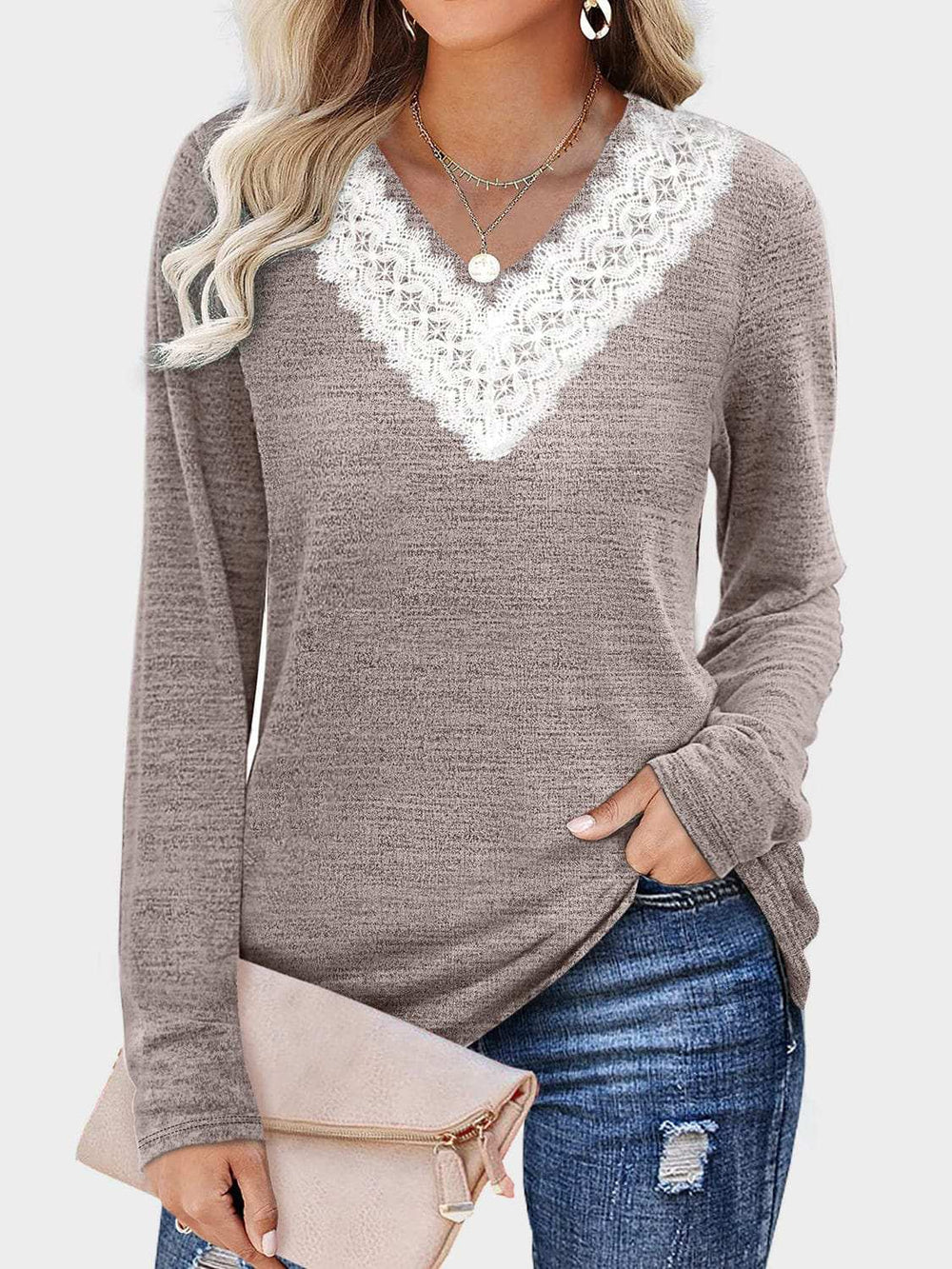 Lace Detail V-Neck Long Sleeve T-Shirt - Trendsi - Flyclothing LLC