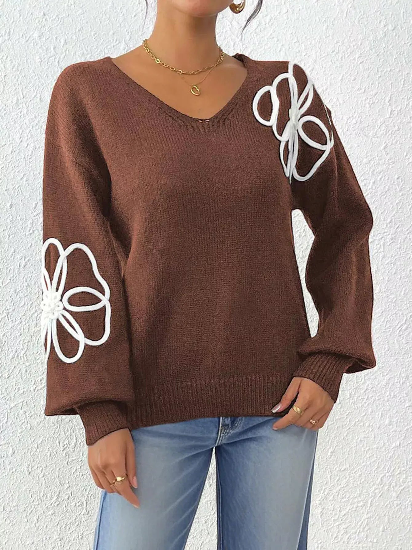 Flower V-Neck Long Sleeve Sweater - Trendsi - Flyclothing LLC