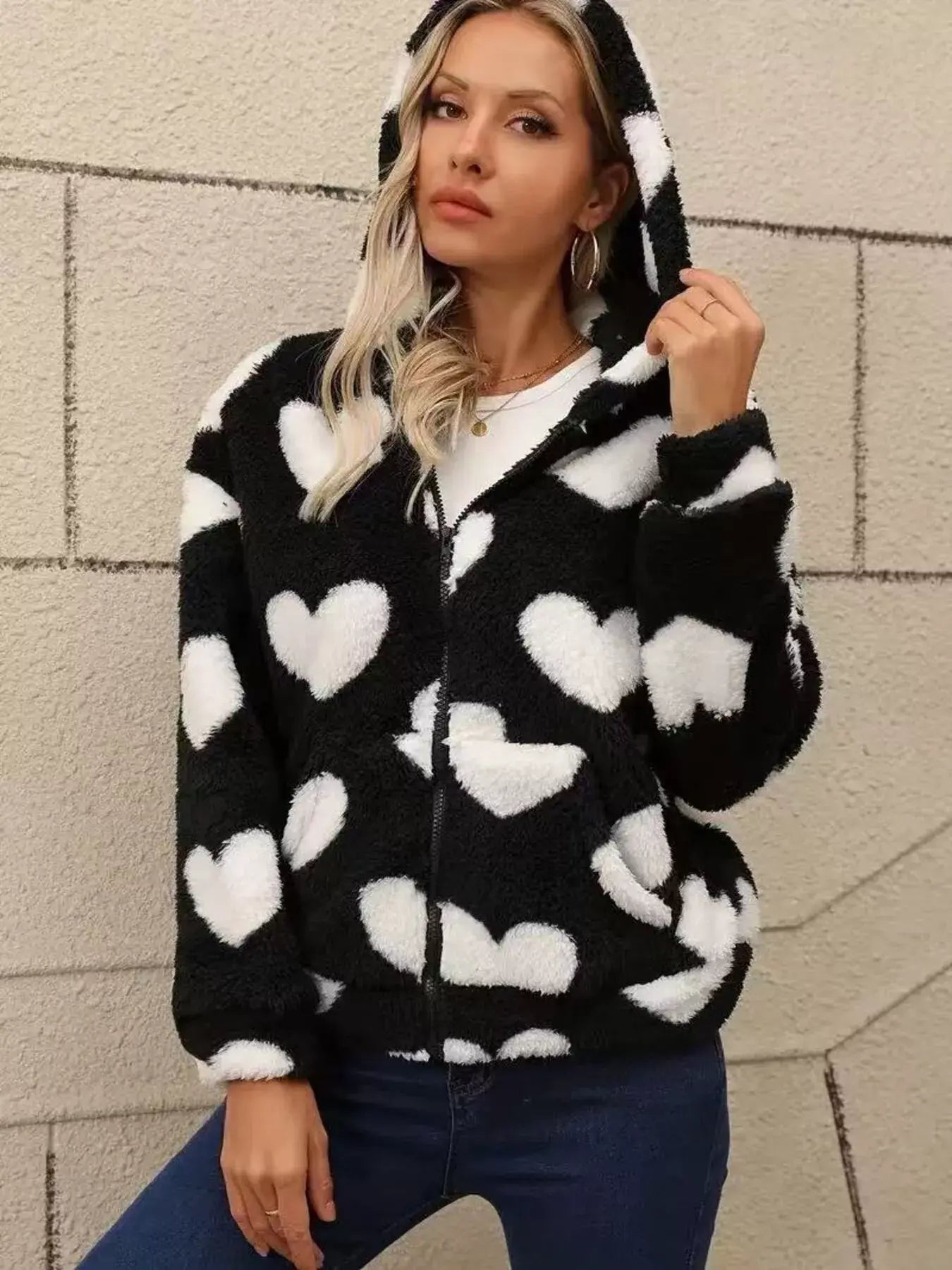 Heart Fuzzy Fleece Zip-Up Outerwear - Trendsi - Flyclothing LLC