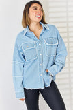 PEACE Raw Hem Dropped Shoulder Denim Top - Trendsi
