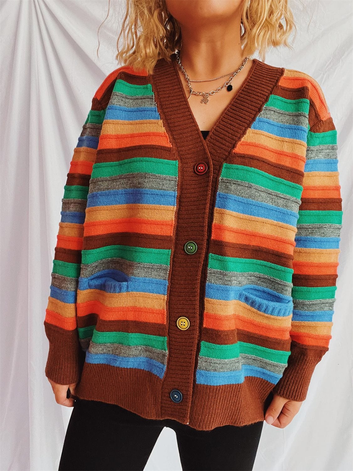 Contrast Stripes Button Up Long Sleeve Cardigan - Trendsi