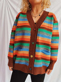 Contrast Stripes Button Up Long Sleeve Cardigan - Trendsi - Flyclothing LLC