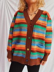 Contrast Stripes Button Up Long Sleeve Cardigan - Trendsi