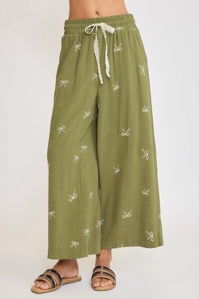 Umgee Full Size Lace Drawstring Embroidered Bow Wide Leg Pants Plus Size - Trendsi