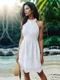 Eyelet Grecian Neck Mini Dress - Trendsi