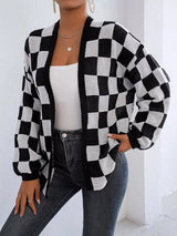 Checkerboard Pattern Open Front Knit Cardigan - Trendsi - Flyclothing LLC