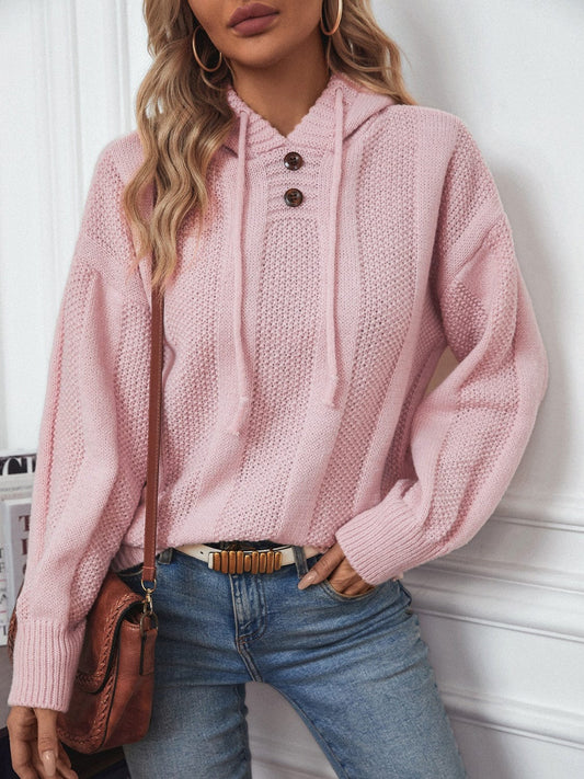 Drawstring Long Sleeve Hooded Sweater - Trendsi
