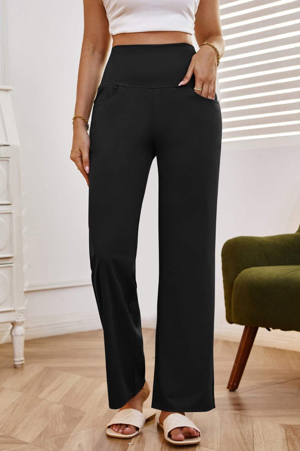 High Waist Wide Leg Pants with Pockets - Trendsi - Flyclothing LLC