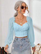 Mesh Sweetheart Neck Flounce Sleeve Top - Trendsi - Flyclothing LLC