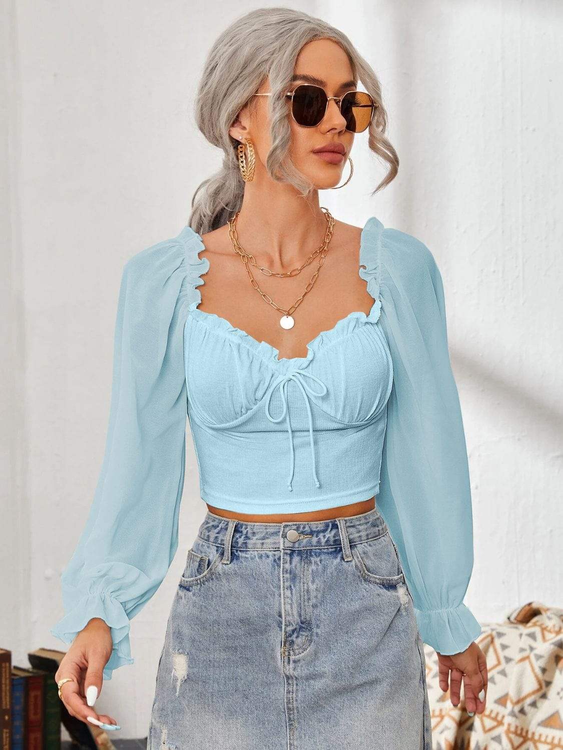 Mesh Sweetheart Neck Flounce Sleeve Top - Trendsi - Flyclothing LLC