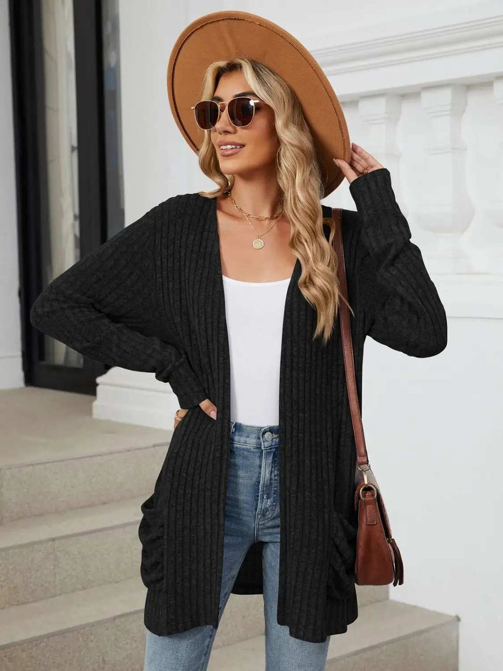 Pocketed Open Front Long Sleeve Cardigan - Trendsi - Flyclothing LLC