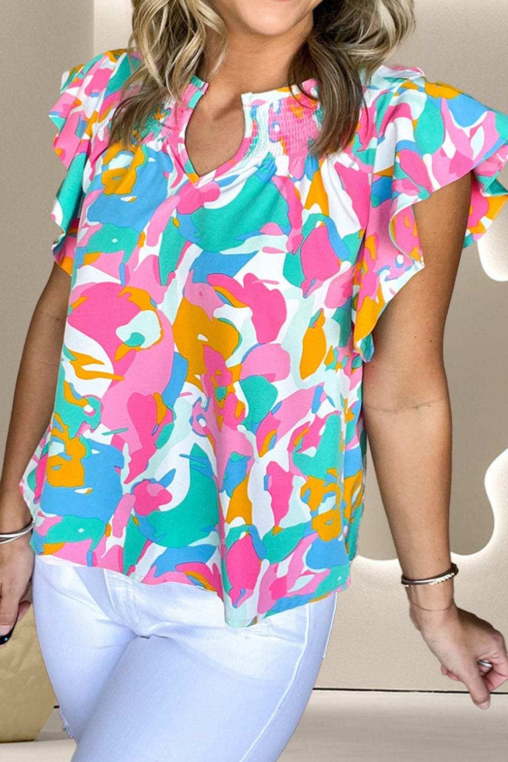 Ruffled Printed Notched Cap Sleeve Blouse - Trendsi - Flyclothing LLC